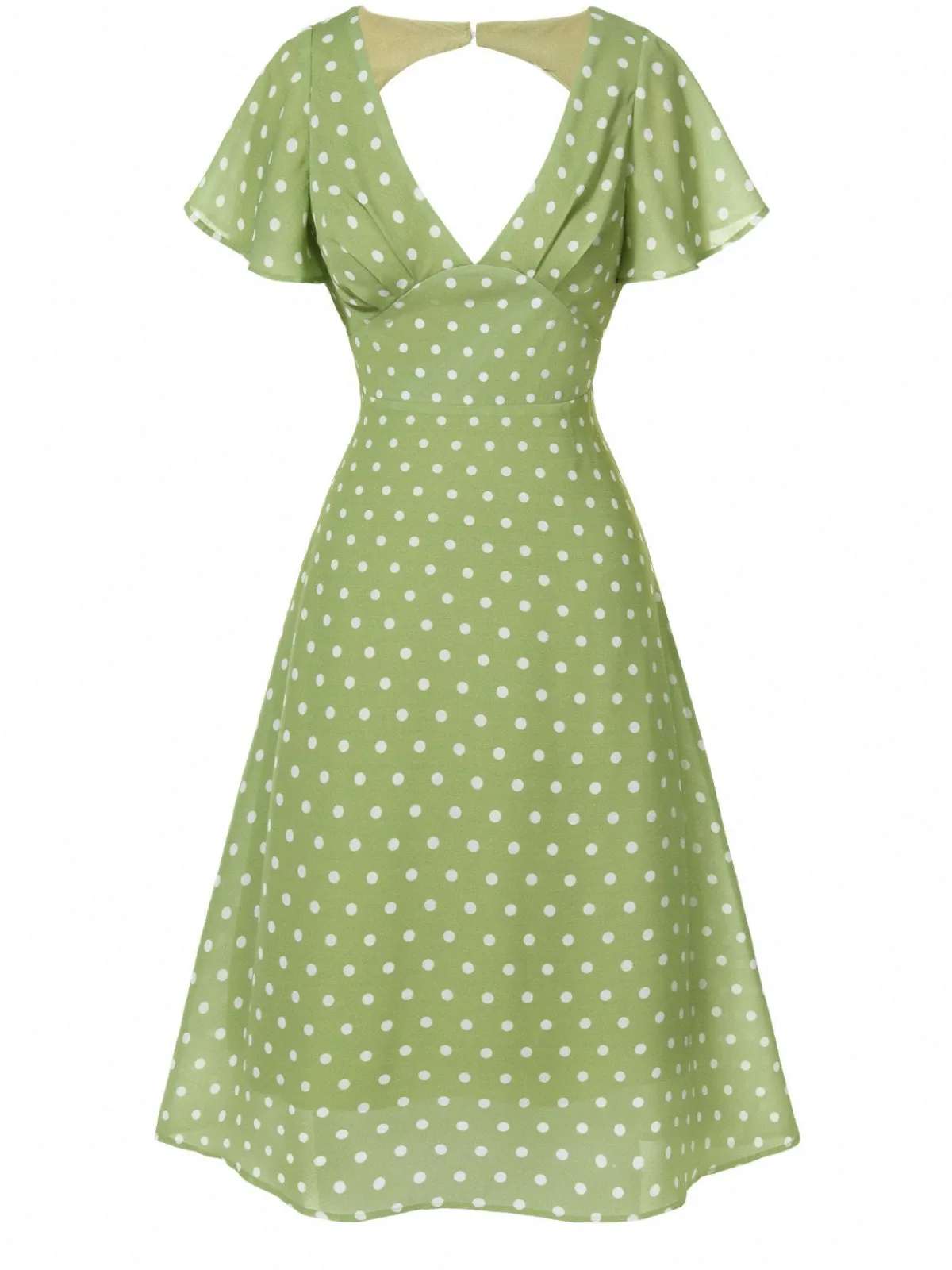 Discount Retro Stage Green 1940s Back Hollow-Out Polka Dots Dress Green Yellow