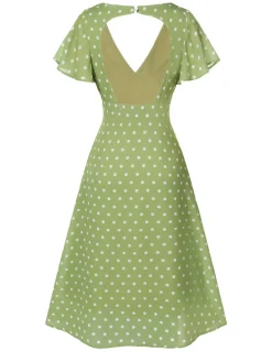 Discount Retro Stage Green 1940s Back Hollow-Out Polka Dots Dress Green Yellow