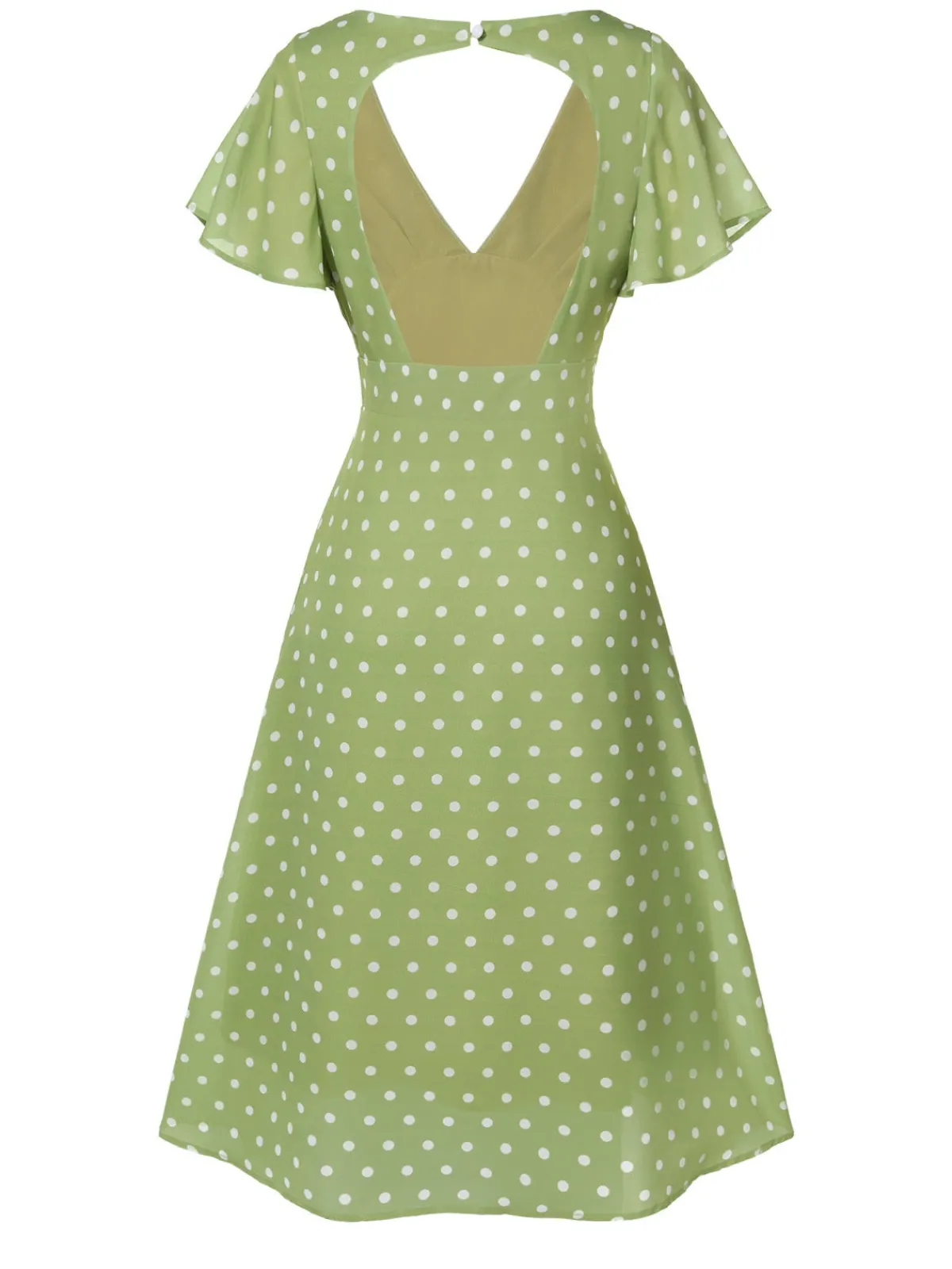 Discount Retro Stage Green 1940s Back Hollow-Out Polka Dots Dress Green Yellow