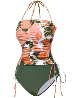 Hot Retro Stage 1960s Bandeau Halter Floral Drawstring Swimsuit Green