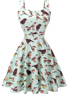 Outlet Retro Stage 1980s Bird Square Collar Sleeveless Dress Green