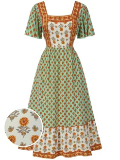 Fashion Retro Stage 1970s Bohemian Square Neck Floral Dress Green
