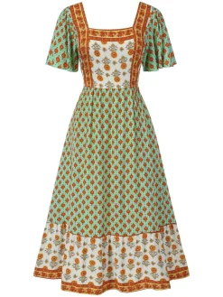 Fashion Retro Stage 1970s Bohemian Square Neck Floral Dress Green
