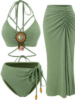 Clearance Retro Stage 1970s Boho Beaded Bikini Set & Ruched Cover-Up Green