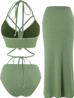 Clearance Retro Stage 1970s Boho Beaded Bikini Set & Ruched Cover-Up Green