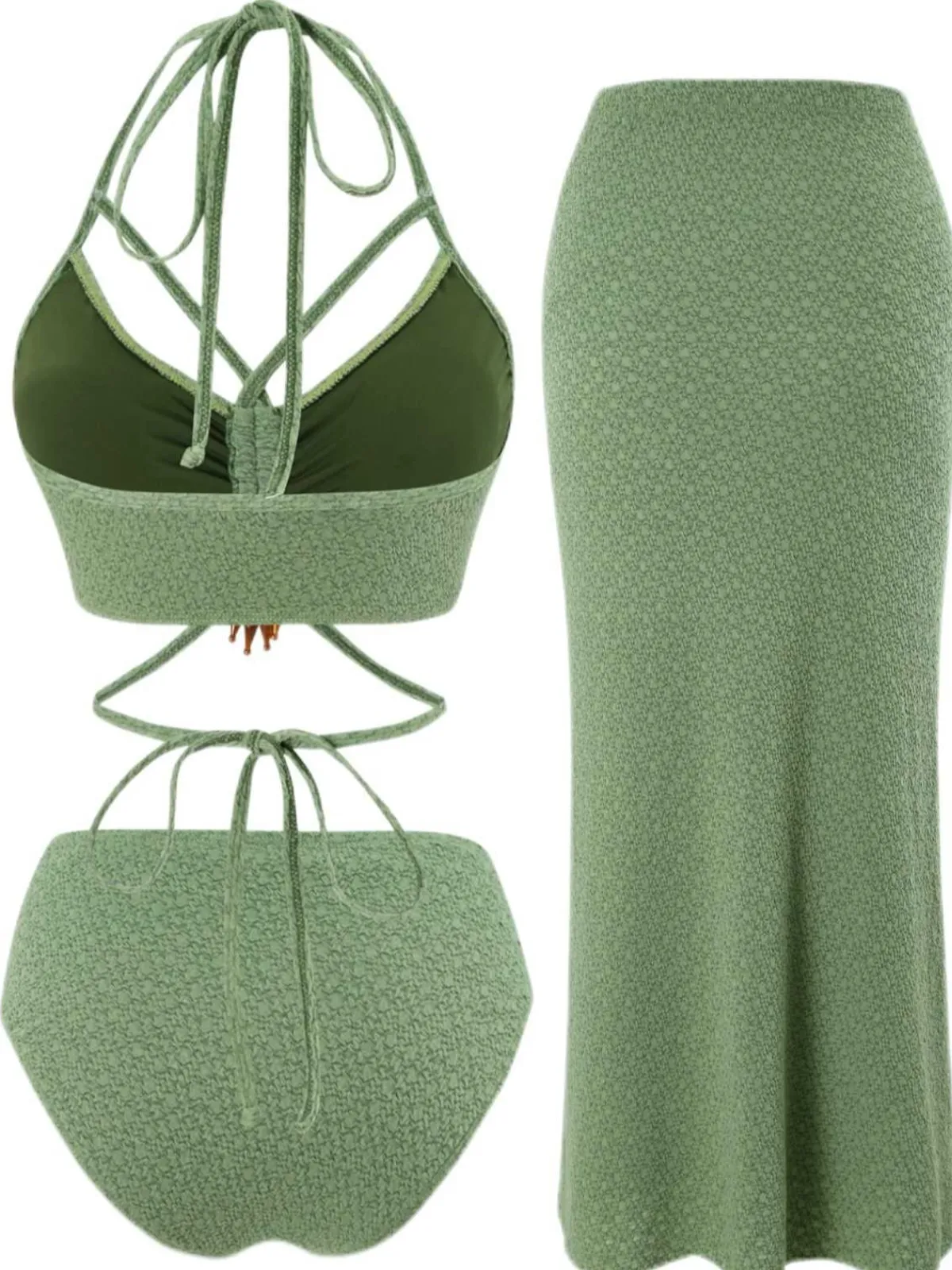 Clearance Retro Stage 1970s Boho Beaded Bikini Set & Ruched Cover-Up Green