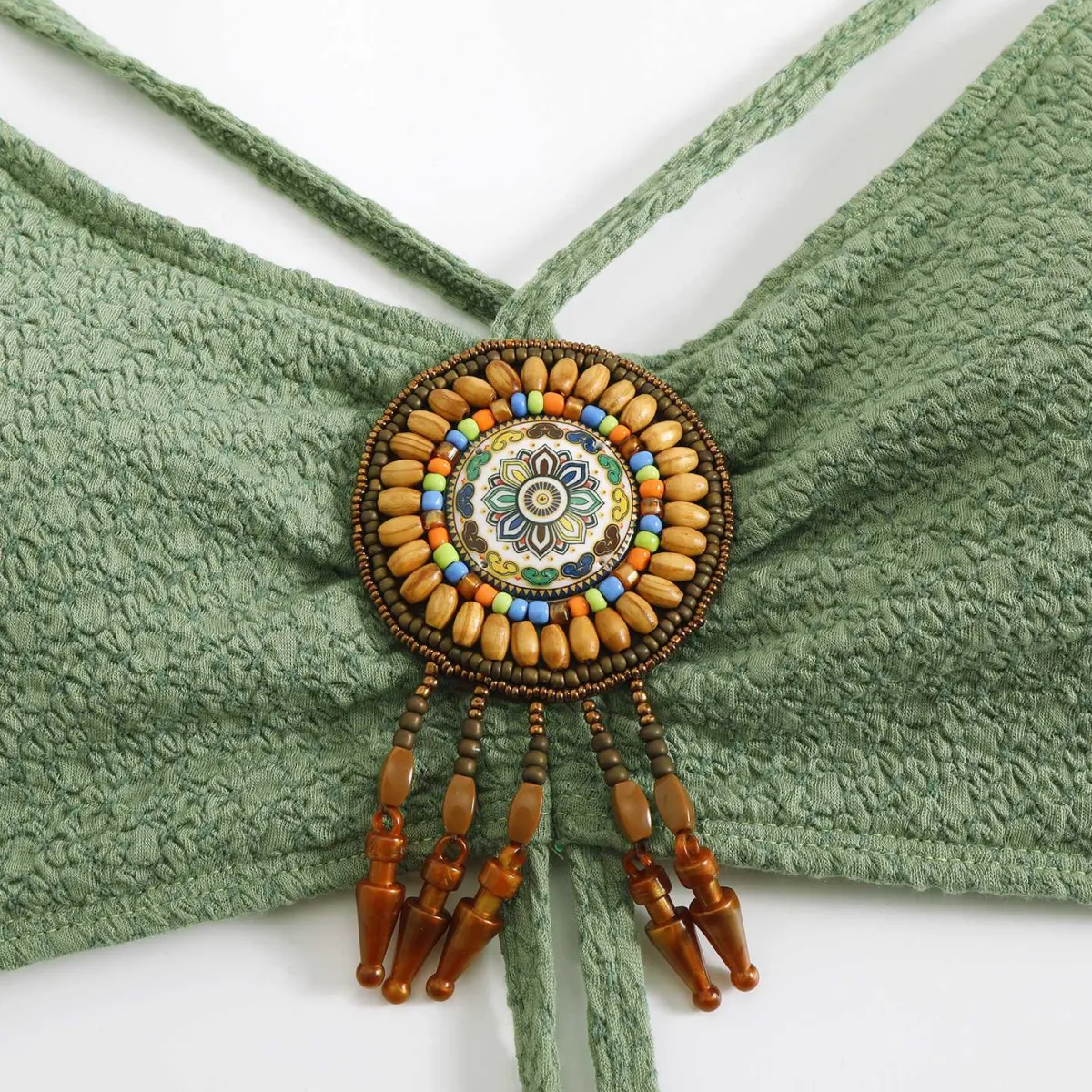 Clearance Retro Stage 1970s Boho Beaded Bikini Set & Ruched Cover-Up Green