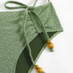 Clearance Retro Stage 1970s Boho Beaded Bikini Set & Ruched Cover-Up Green