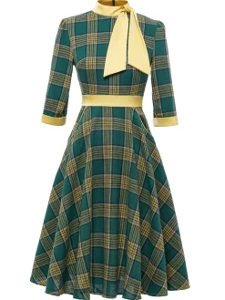 Best Retro Stage 1950s Bowknot Tie Plaid Dress Green