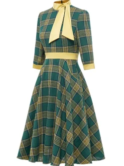 Best Retro Stage 1950s Bowknot Tie Plaid Dress Green