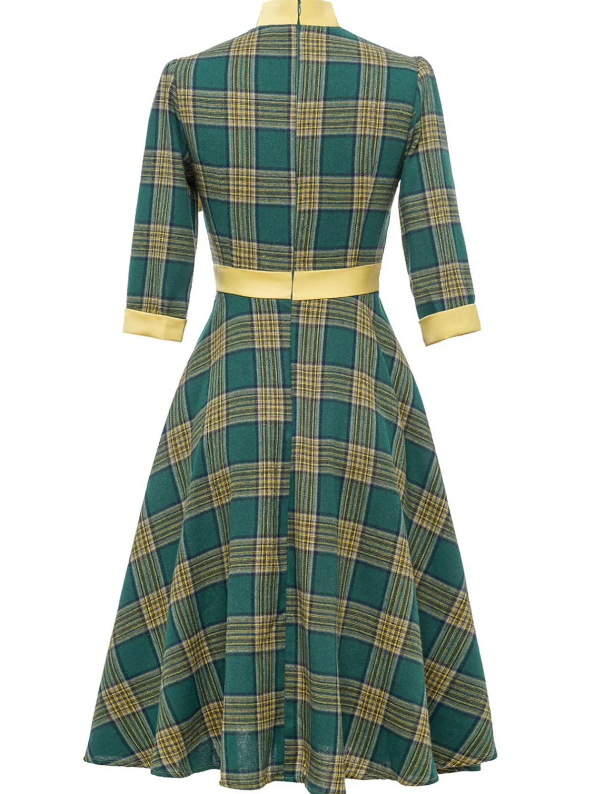 Best Retro Stage 1950s Bowknot Tie Plaid Dress Green