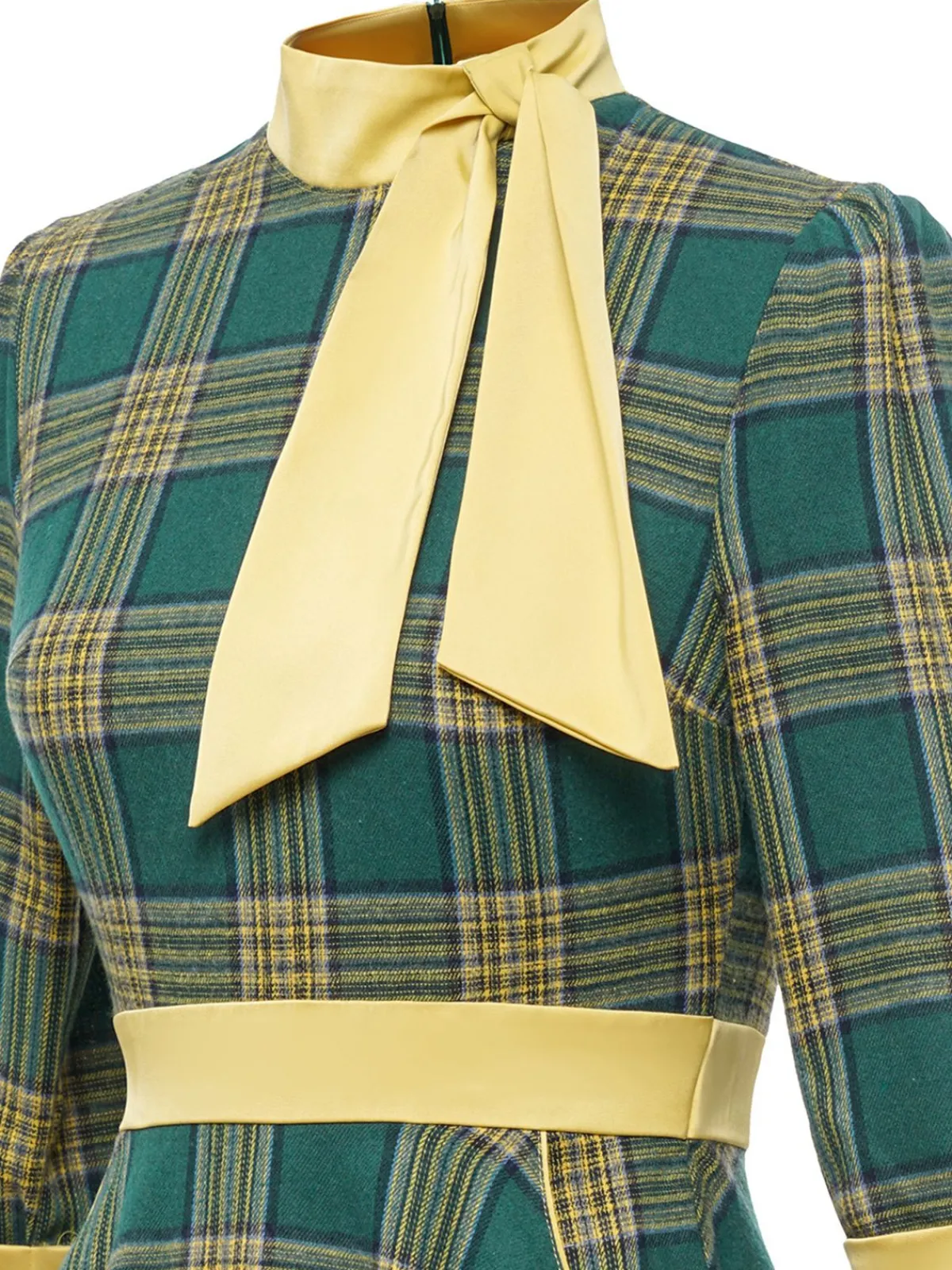 Best Retro Stage 1950s Bowknot Tie Plaid Dress Green