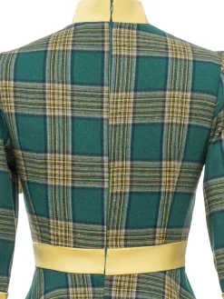 Best Retro Stage 1950s Bowknot Tie Plaid Dress Green