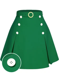 Online Retro Stage Green 1960s Button Solid Belted Skirt