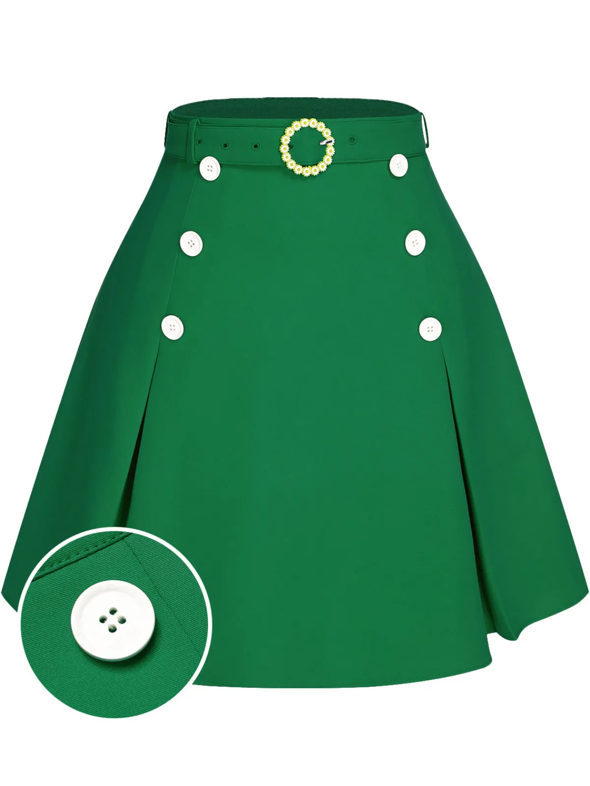 Online Retro Stage Green 1960s Button Solid Belted Skirt