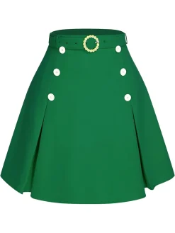 Online Retro Stage Green 1960s Button Solid Belted Skirt