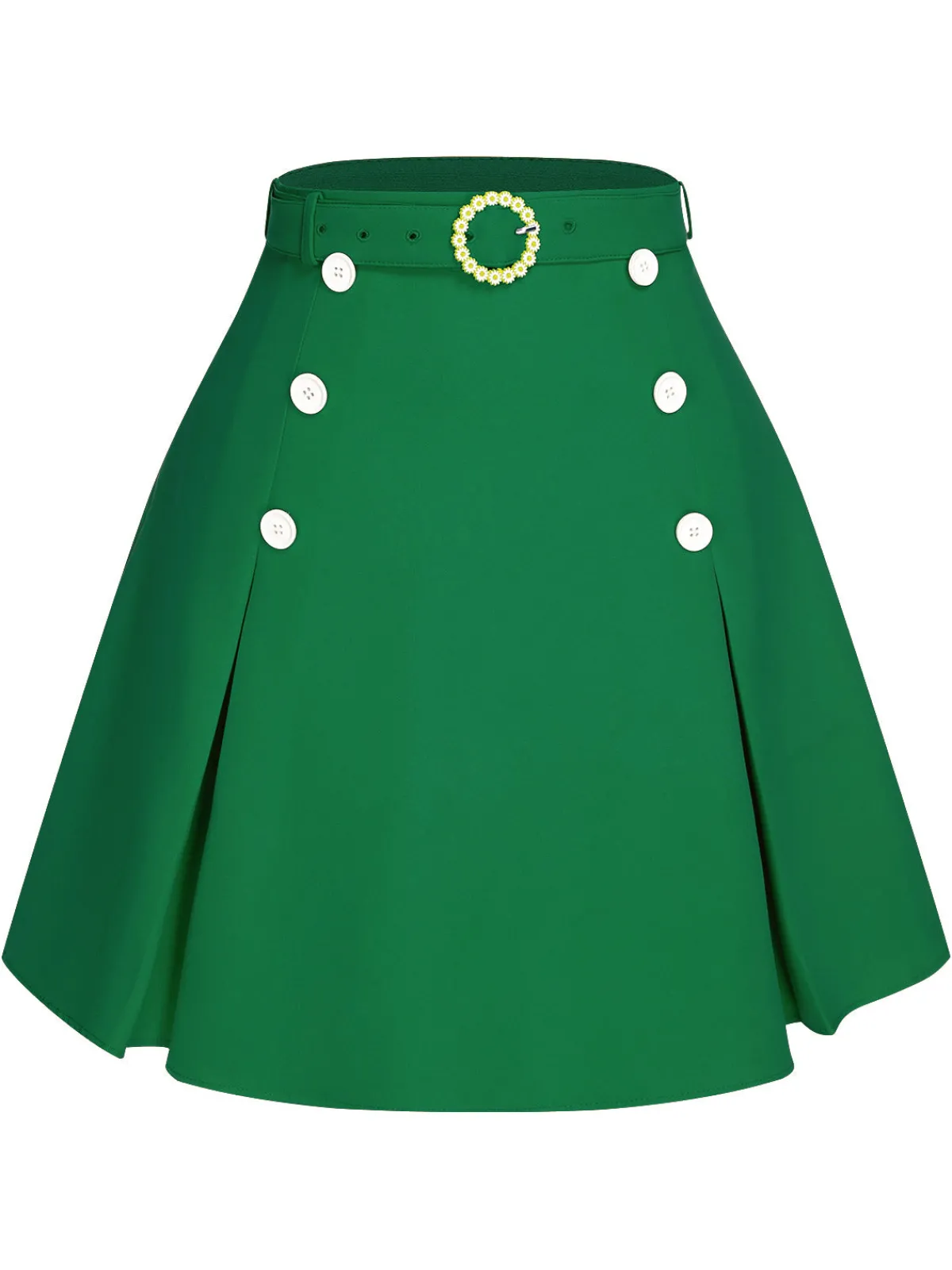 Online Retro Stage Green 1960s Button Solid Belted Skirt