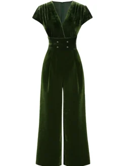 Hot Retro Stage 1930s Buttoned V-Neck Velvet Jumpsuit Green