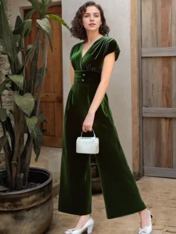 Hot Retro Stage 1930s Buttoned V-Neck Velvet Jumpsuit Green