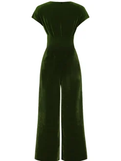 Hot Retro Stage 1930s Buttoned V-Neck Velvet Jumpsuit Green