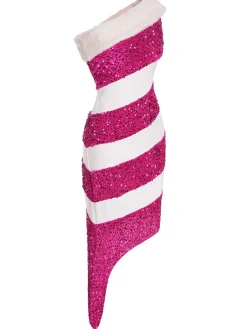 Clearance Retro Stage Green 1960s Candy Cane One-Shoulder Dress