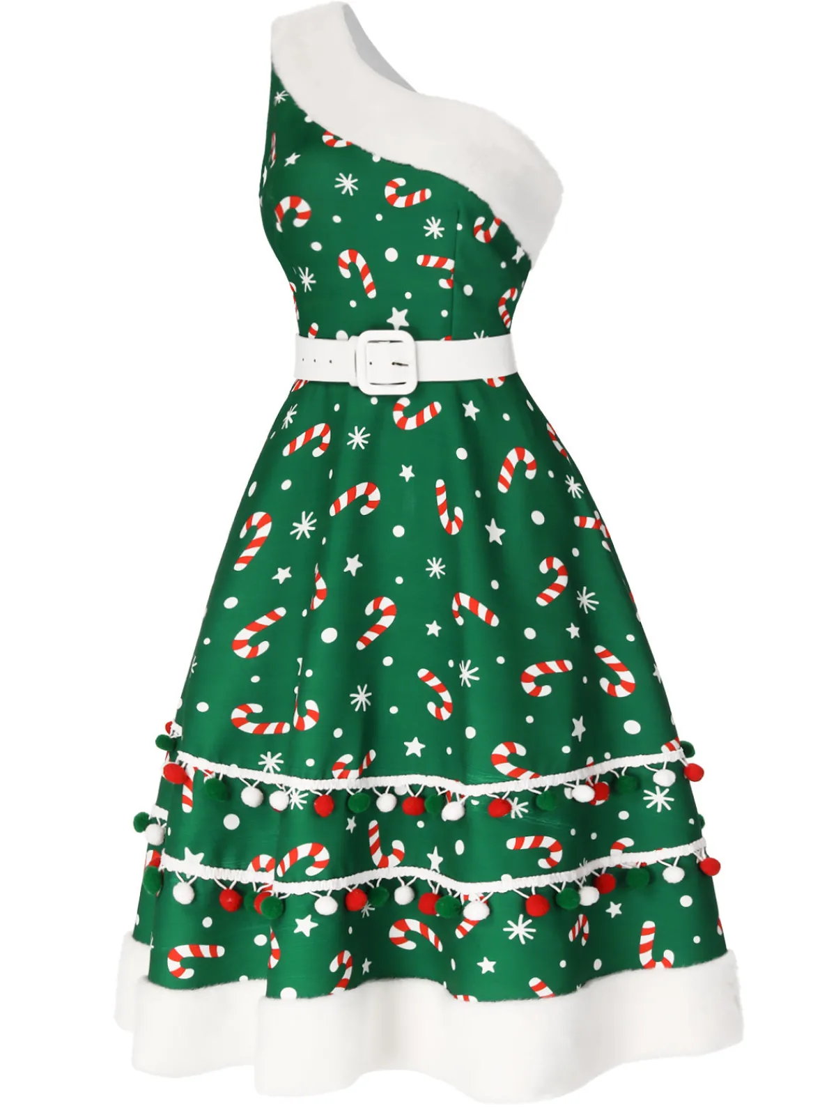 Fashion Retro Stage Green 1950s Candy Cane One-Shoulder Dress