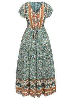 Hot Retro Stage 1970s Cap Sleeve Bohemian Dress Green