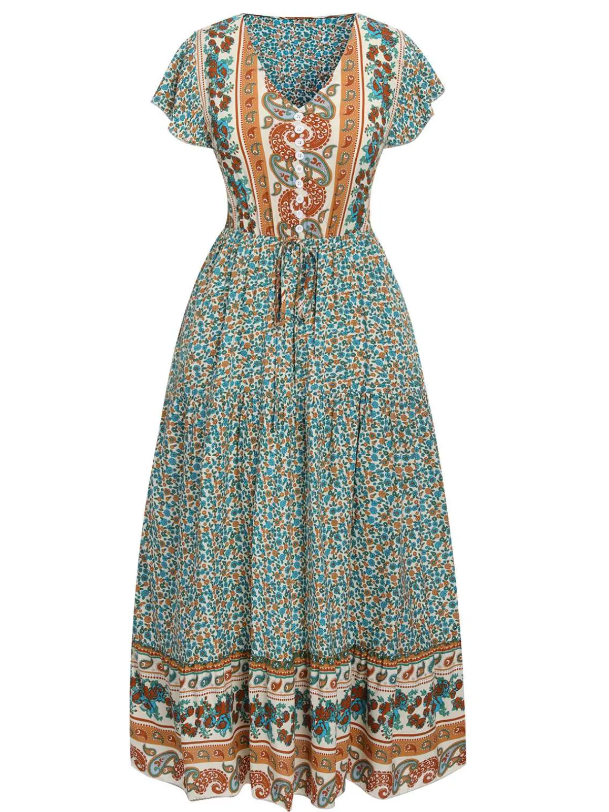 Hot Retro Stage 1970s Cap Sleeve Bohemian Dress Green