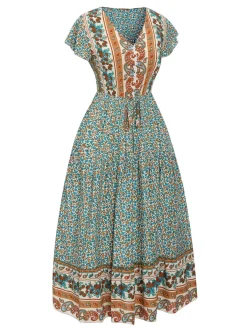 Hot Retro Stage 1970s Cap Sleeve Bohemian Dress Green