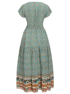Hot Retro Stage 1970s Cap Sleeve Bohemian Dress Green