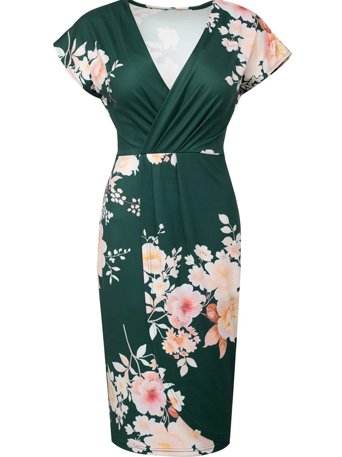 Sale Retro Stage 1960s Cap Sleeves Floral Pencil Dress Green