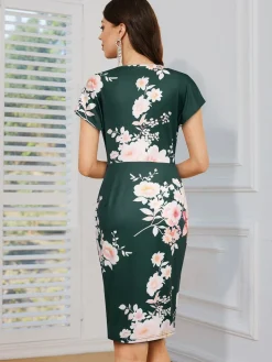 Sale Retro Stage 1960s Cap Sleeves Floral Pencil Dress Green