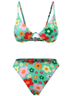 Discount Retro Stage 1950s Cartoon Floral Bikini Set Green