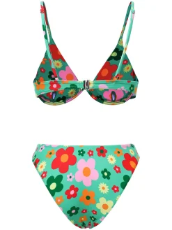 Discount Retro Stage 1950s Cartoon Floral Bikini Set Green