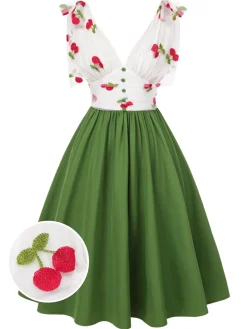 New Retro Stage 1950s Cherry V-Neck Mesh Patchwork Dress Green