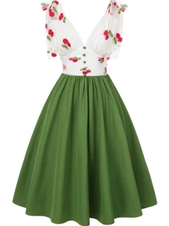 New Retro Stage 1950s Cherry V-Neck Mesh Patchwork Dress Green