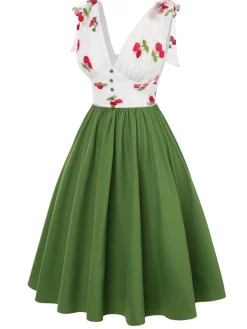 New Retro Stage 1950s Cherry V-Neck Mesh Patchwork Dress Green