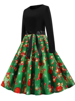 Fashion Retro Stage 1950s Christmas Bow Belted Swing Dress Green