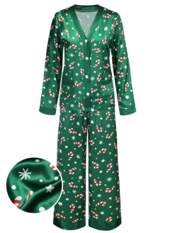 Discount Retro Stage 1970s Christmas Candy Cane Pajama Set Green