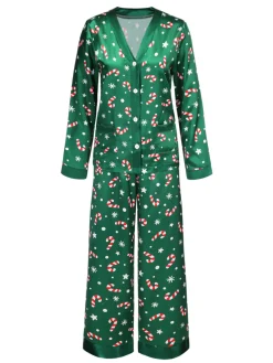 Discount Retro Stage 1970s Christmas Candy Cane Pajama Set Green