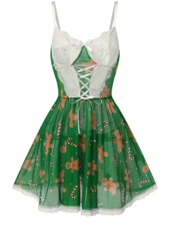 Fashion Retro Stage 1970s Christmas Lace-Up Nightgown Green