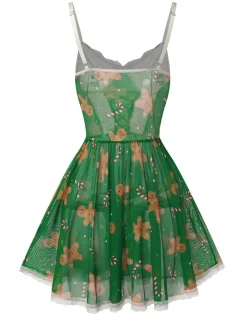 Fashion Retro Stage 1970s Christmas Lace-Up Nightgown Green