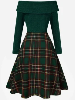 Discount Retro Stage Green 1950s Christmas Off Shoulder Tartan Dress