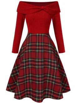 Discount Retro Stage Green 1950s Christmas Off Shoulder Tartan Dress