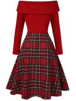 Discount Retro Stage Green 1950s Christmas Off Shoulder Tartan Dress