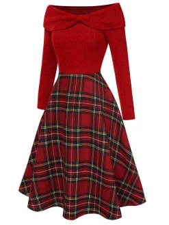 Discount Retro Stage Green 1950s Christmas Off Shoulder Tartan Dress