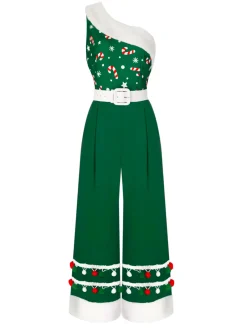 Sale Retro Stage Green 1950s Christmas One Shoulder Fur Ball Belted Jumpsuit