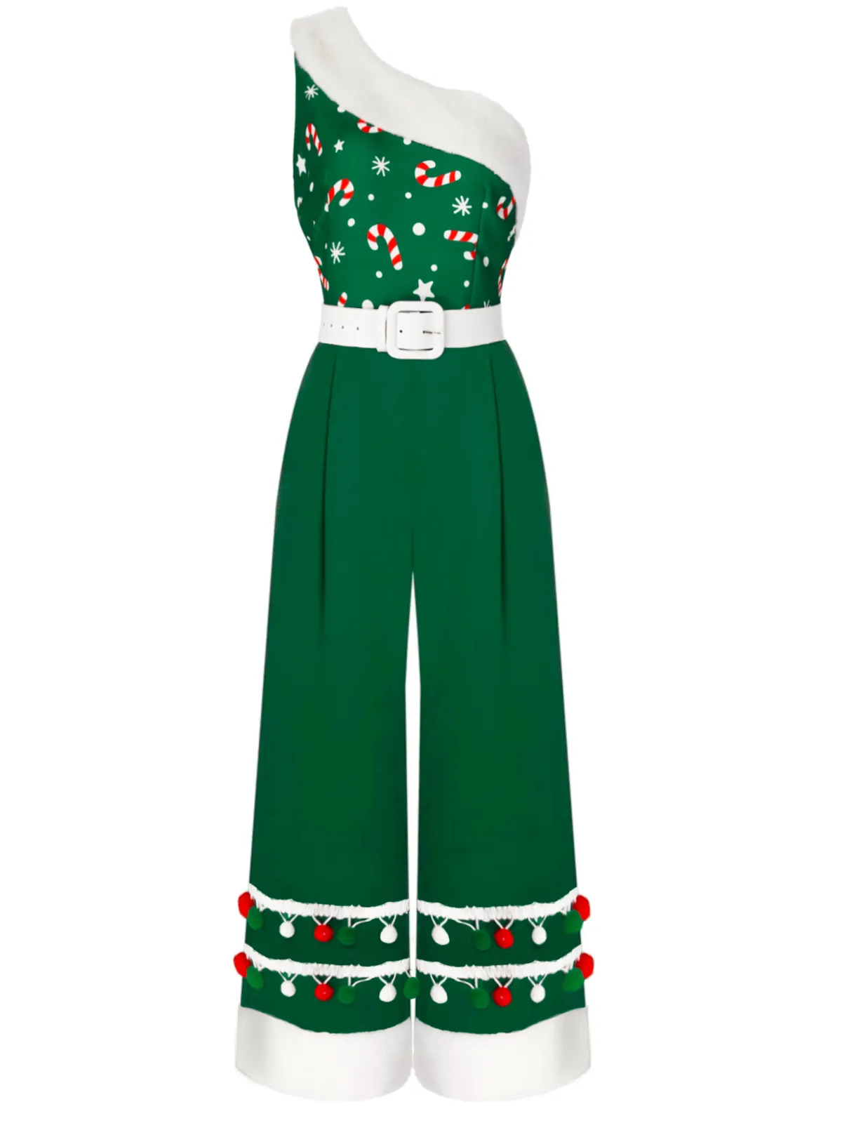 Sale Retro Stage Green 1950s Christmas One Shoulder Fur Ball Belted Jumpsuit
