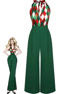 Hot Retro Stage Green 1930s Christmas Plaid Lace Patchwork Jumpsuit