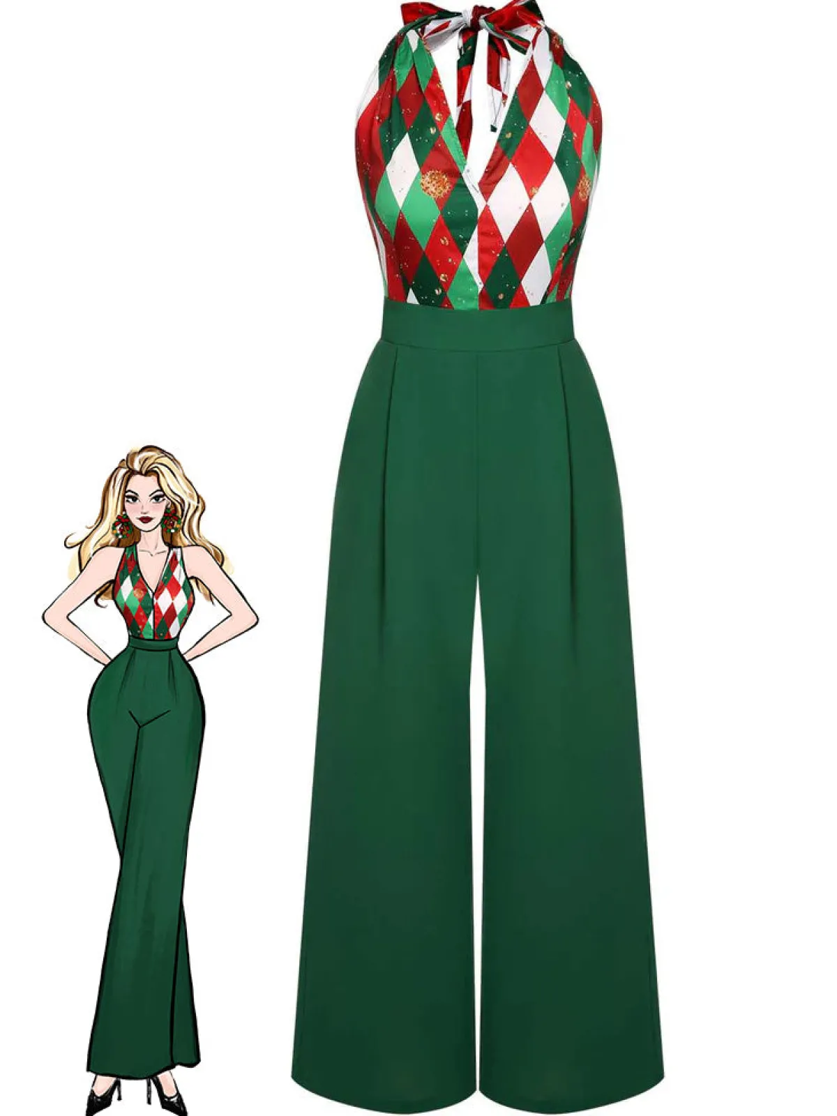 Hot Retro Stage Green 1930s Christmas Plaid Lace Patchwork Jumpsuit